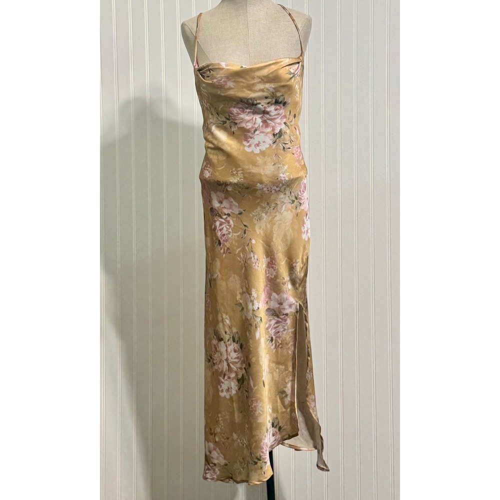 ASTR The Label Gaia Floral Midi Dress Mustard Yellow Cowl Neck Tie Back Large